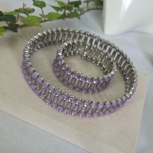 Silver and Purple Flexible Choker Necklace with Matching Open Cuff Bracelet